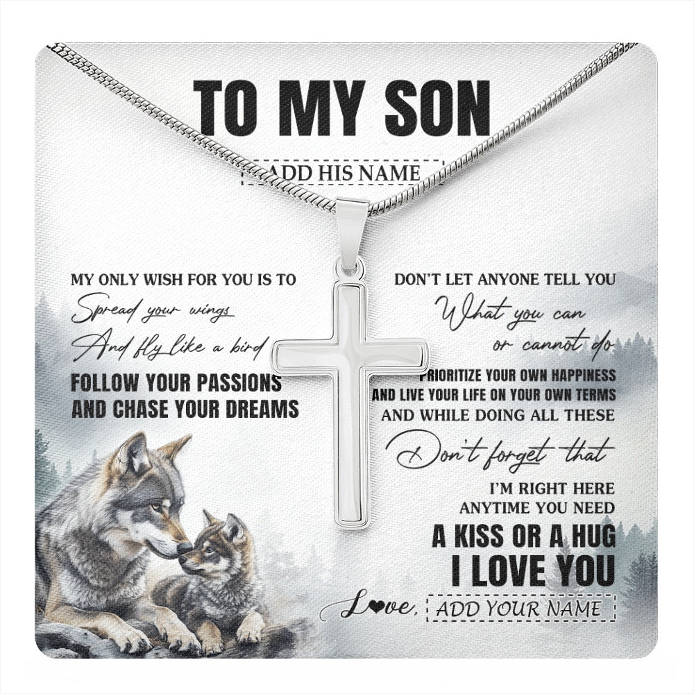 Stainless Cross Necklace Stainless Steel | 1 | Personalized To My Son Gifts Necklace From Dad Mom Mother Father Wolf My Only Wish For You Son Birthday Gifts Graduation Christmas Custom Gift Box Message Card | https://teecentury.