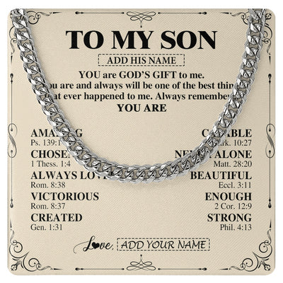 Cuban Link Chain Necklace Stainless Steel | 1 | Personalized To My Son Gifts Necklace From Mom Dad Father Mother You Are God's Gift To Me Son Birthday Gifts Christmas Christian Custom Gift Box Message Card | https://teecentury.