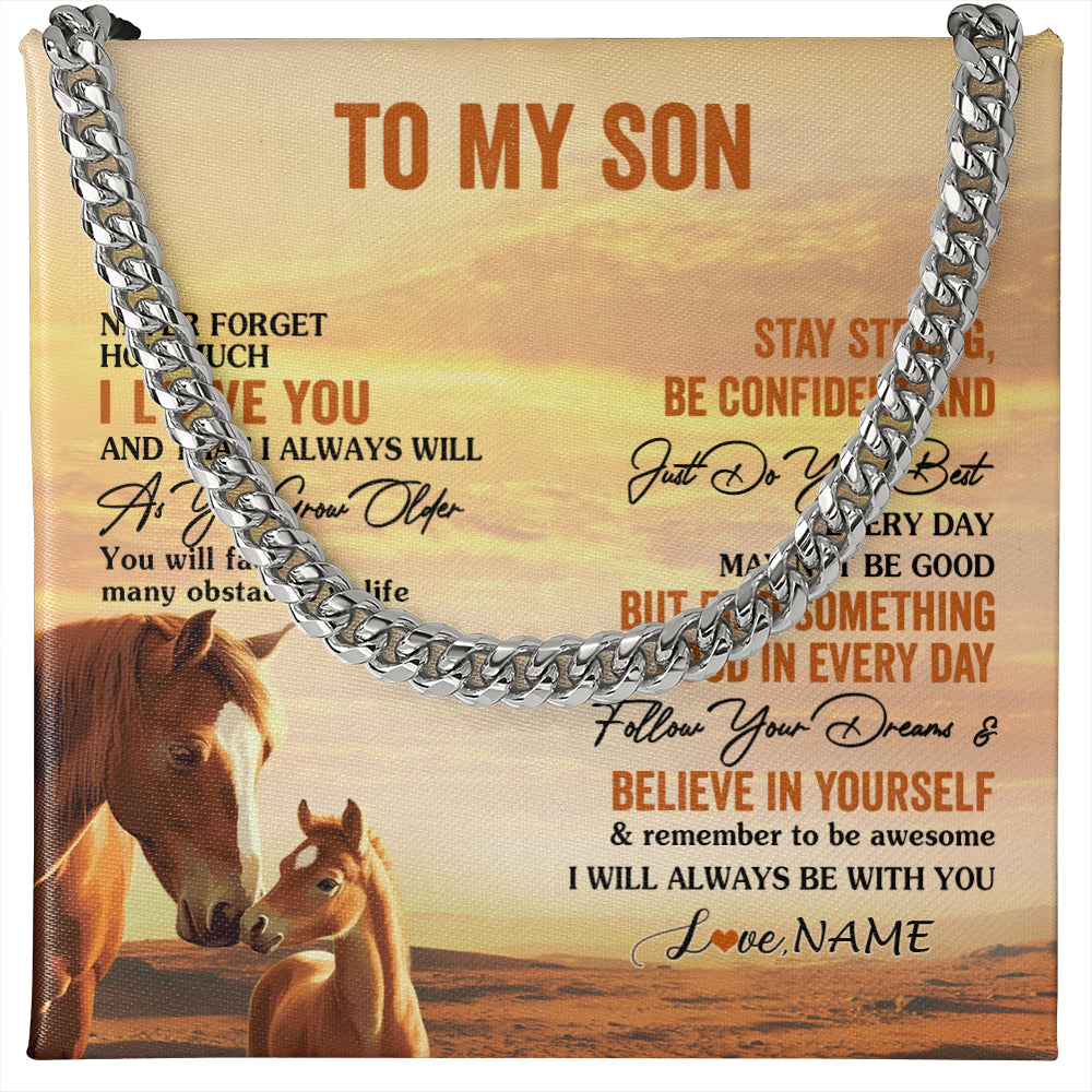Cuban Link Chain Necklace Stainless Steel | 1 | Personalized To My Son I Love You Forever Necklace From Mom Dad Mother Father Horse Son Birthday Gifts Graduation Christmas Customized Gift Box Message Card | teecentury