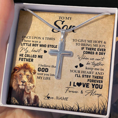 Stainless Cross Necklace | Personalized To My Son Lion Necklace From Dad Father I'll Stay There Forever Son Birthday Graduation Christmas Customized Gift Box Message Card | teecentury