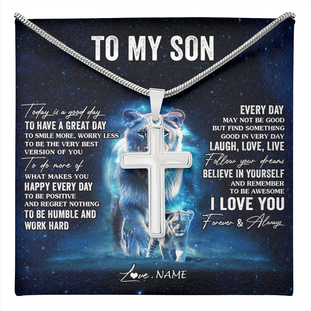 Stainless Cross Necklace Stainless Steel | 1 | Personalized To My Son Lion Necklace From Dad Father Today Is A Good Day Son Gifts Birthday Graduation Christmas Customized Gift Box Message Card | teecentury