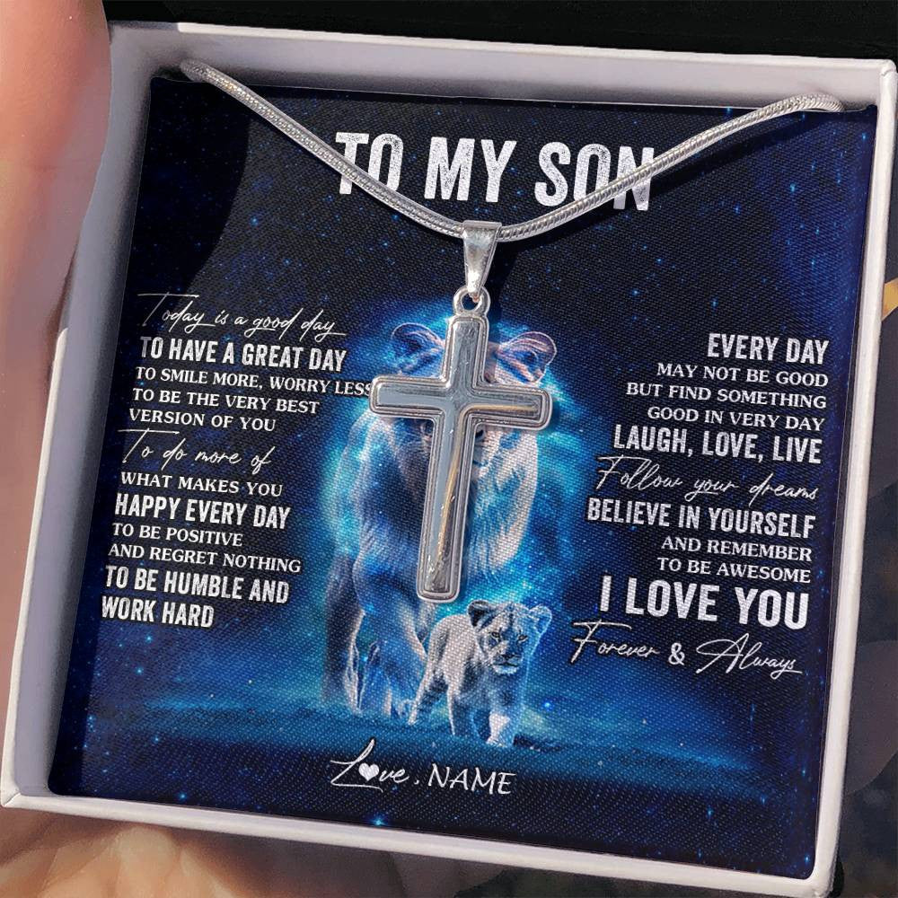 Stainless Cross Necklace Stainless Steel | 2 | Personalized To My Son Lion Necklace From Dad Father Today Is A Good Day Son Gifts Birthday Graduation Christmas Customized Gift Box Message Card | teecentury