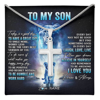 Stainless Cross Necklace Stainless Steel | 1 | Personalized To My Son Lion Necklace From Mom Mother Every Day Laugh Love Live Son Birthday Graduation Christmas Jewelry Customized Gift Box Message Card | teecentury