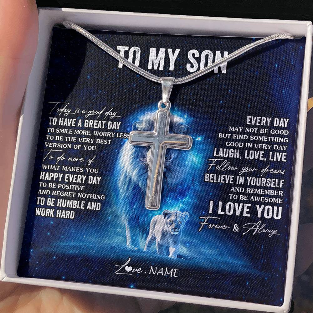 Stainless Cross Necklace Stainless Steel | 2 | Personalized To My Son Lion Necklace From Mom Mother Today Is A Good Day Son Gifts Birthday Graduation Christmas Customized Gift Box Message Card | teecentury