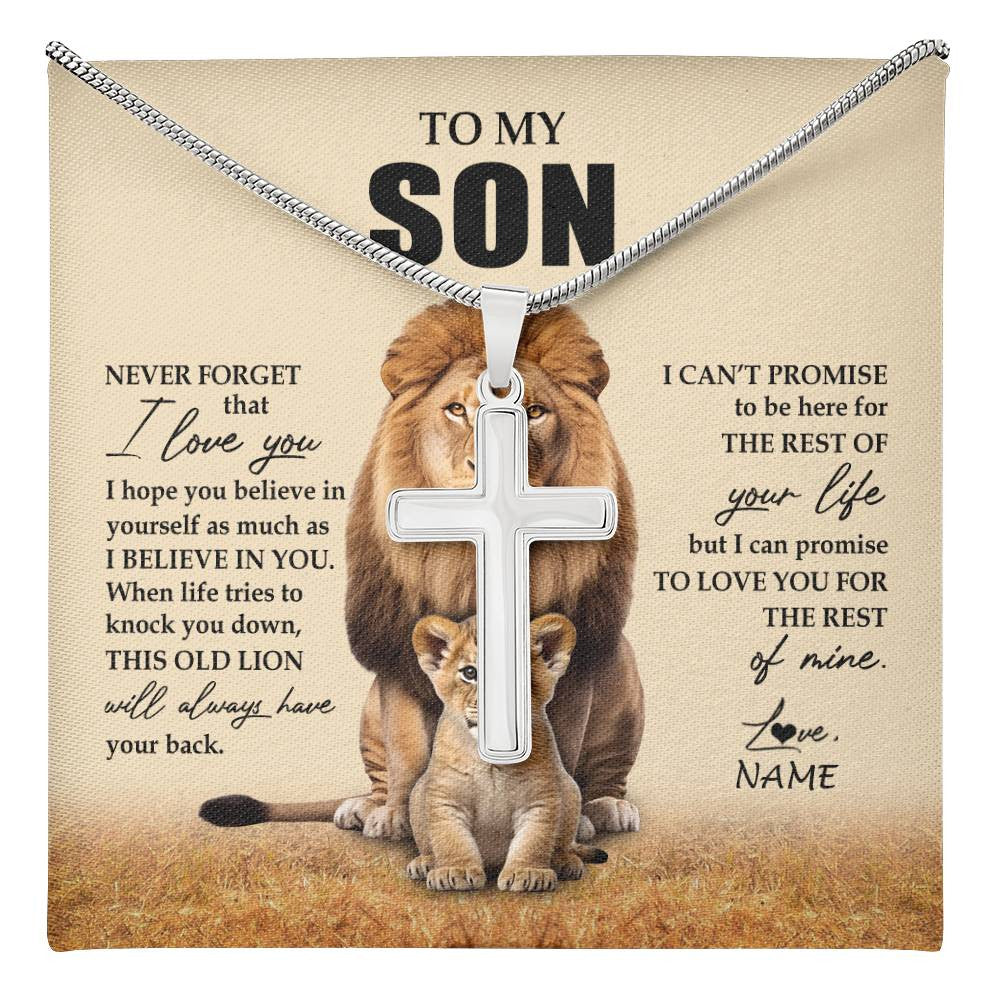 Stainless Cross Necklace Stainless Steel | 1 | Personalized To My Son Necklace From Dad Father Lion Never Forget That I Love You Son Birthday Gifts Graduation Christmas Customized Message Card | teecentury
