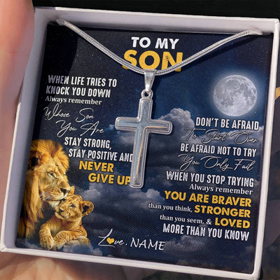 Stainless Cross Necklace Stainless Steel | 2 | Personalized To My Son Necklace From Dad Father Lion Never Give Up Son Birthday Graduation Christmas Jewelry Customized Gift Box Message Card | teecentury