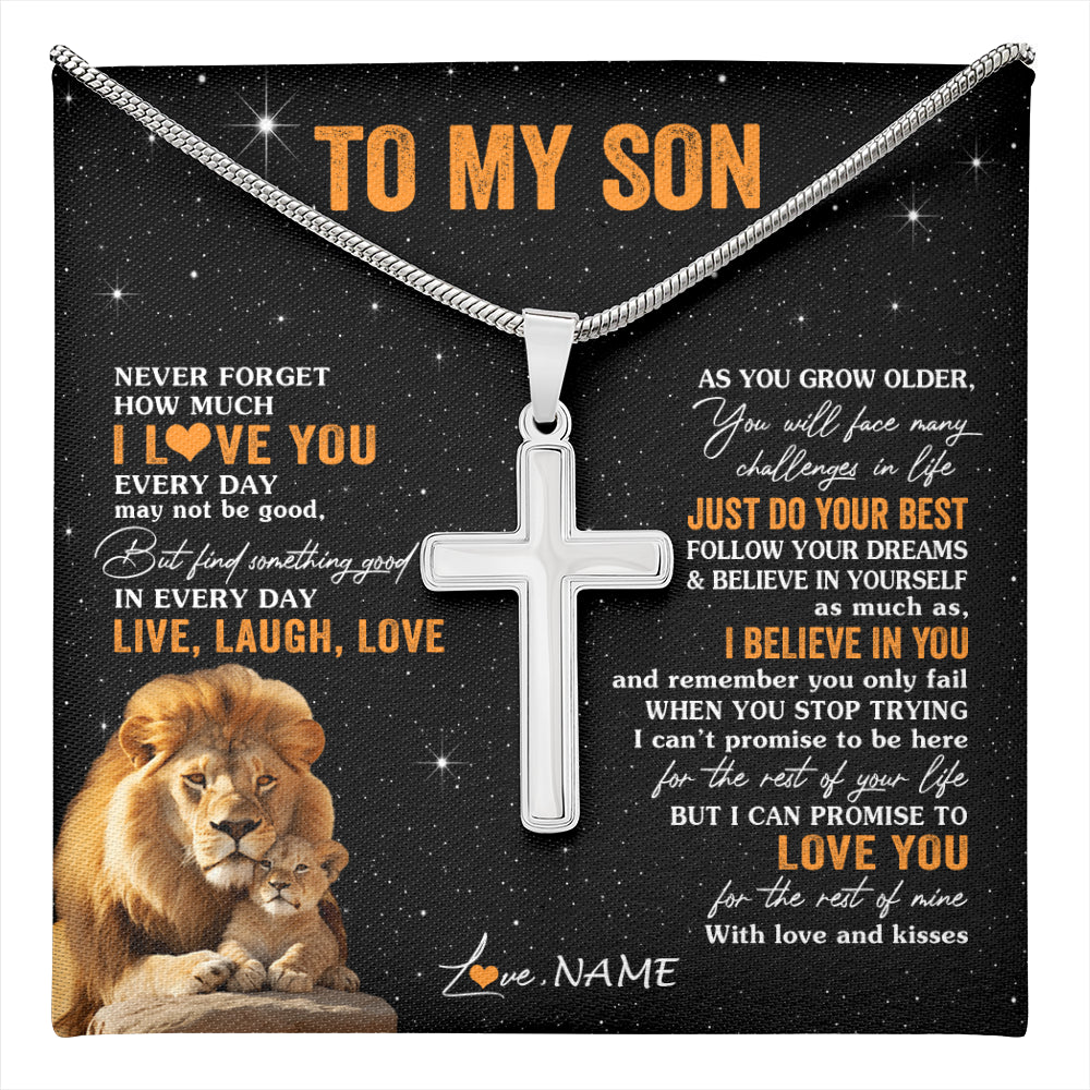 Stainless Cross Necklace Stainless Steel | 1 | Personalized To My Son Necklace From Dad Father Live Laugh Love Lion Son Birthday Gifts Positive Graduation Christmas Customized Gift Box Message Card | teecentury
