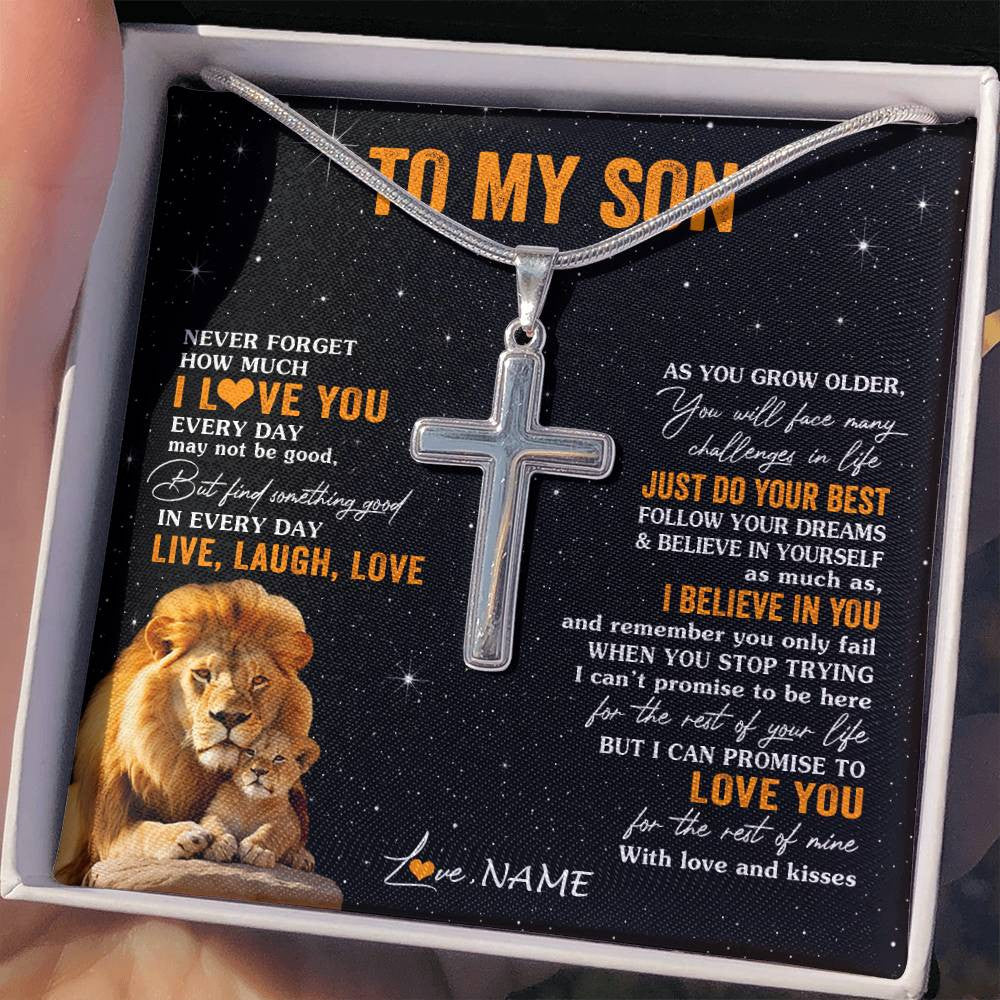 Stainless Cross Necklace Stainless Steel | 2 | Personalized To My Son Necklace From Dad Father Live Laugh Love Lion Son Birthday Gifts Positive Graduation Christmas Customized Gift Box Message Card | teecentury