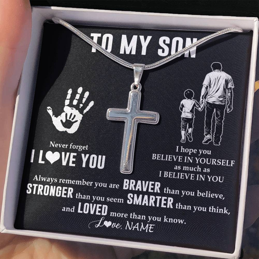Stainless Cross Necklace Stainless Steel | 2 | Personalized To My Son Necklace From Dad Father Never Forget I Love You Son Birthday Gifts Christmas New Year Graduation Customized Gift Box Message Card | teecentury