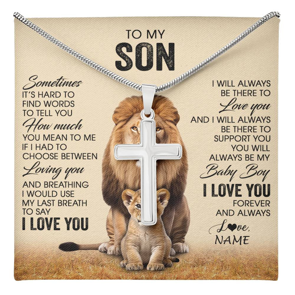 Stainless Cross Necklace Stainless Steel | 1 | Personalized To My Son Necklace From Dad Father Sometimes It's Hard Lion Son Gift Birthday Jewelry Graduation Christmas Customized Gift Box Message Card | teecentury