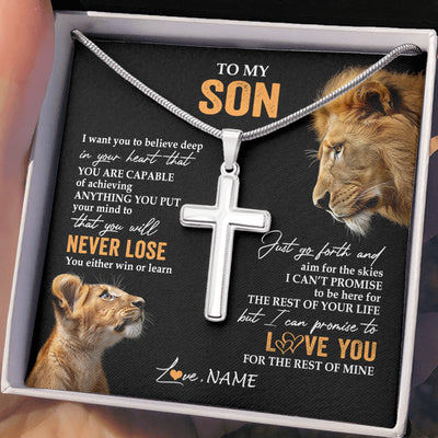 Stainless Cross Necklace Stainless Steel | 2 | Personalized To My Son Necklace From Dad Father You Will Never Lose Lion Son Birthday Gifts Graduation Christmas Customized Gift Box Message Card | teecentury