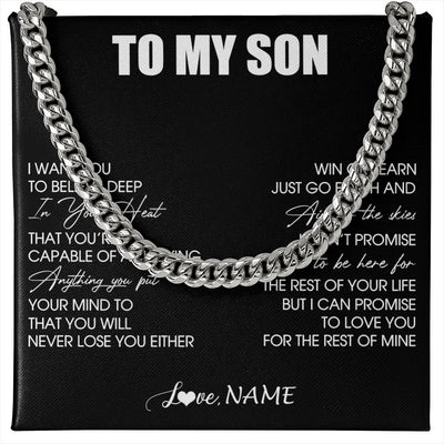 Cuban Link Chain Necklace Stainless Steel | 1 | Personalized To My Son Necklace From Mom Dad Mother Believe Deep In Your Heart Son Birthday Jewelry Gift For Men Christmas Customized Gift Box Message Card | teecentury