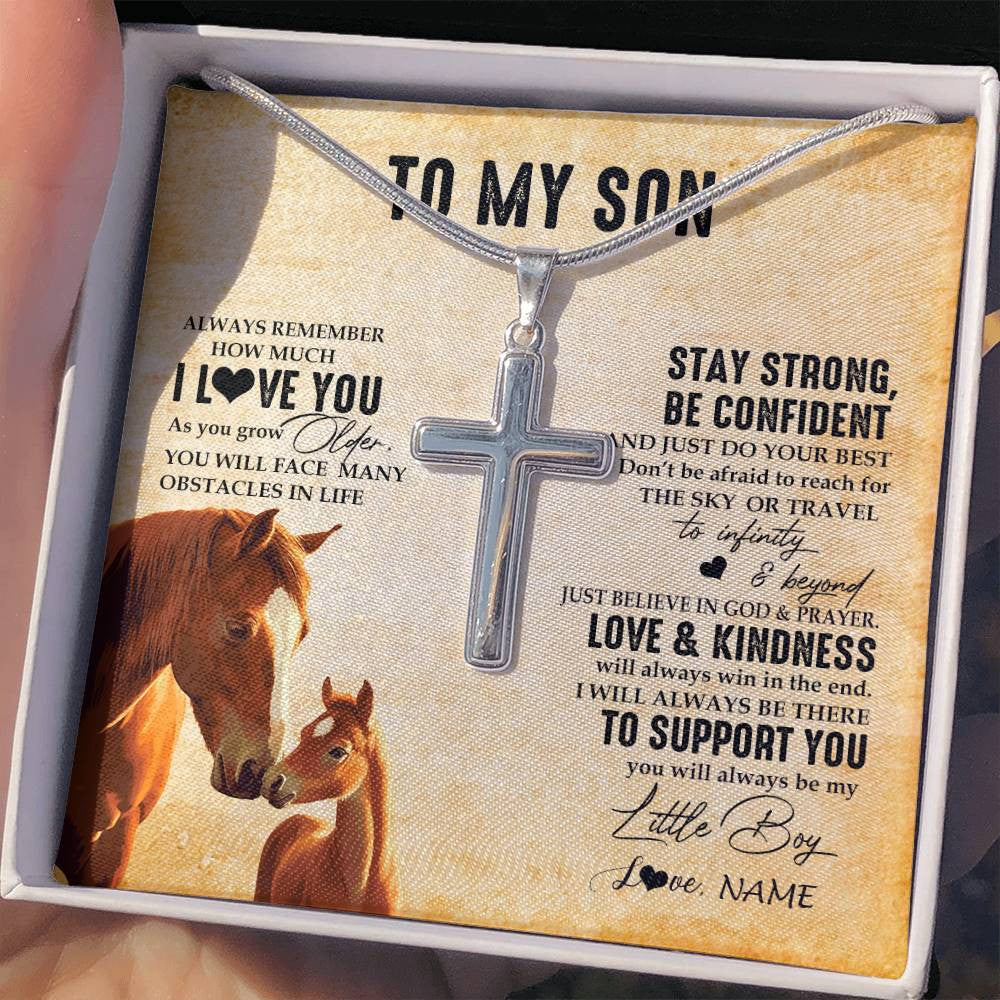 Stainless Cross Necklace Stainless Steel | 2 | Personalized To My Son Necklace From Mom Dad Mother Father Always Remember I Love You Horse Son Birthday Graduation Christmas Customized Gift Box Message Card | teecentury