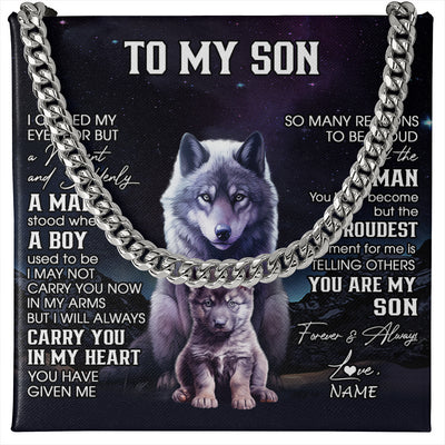Cuban Link Chain Necklace Stainless Steel | 1 | Personalized To My Son Necklace From Mom Dad Mother Father I Close My Eyes Wolf Son Birthday Gifts Graduation Christmas Customized Gift Box Message Card | teecentury