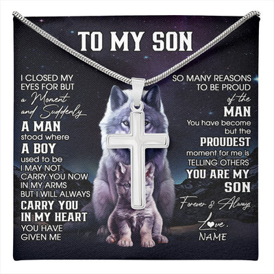 Stainless Cross Necklace Stainless Steel | 1 | Personalized To My Son Necklace From Mom Dad Mother Father I Close My Eyes Wolf Son Birthday Gifts Graduation Christmas Customized Gift Box Message Card | teecentury