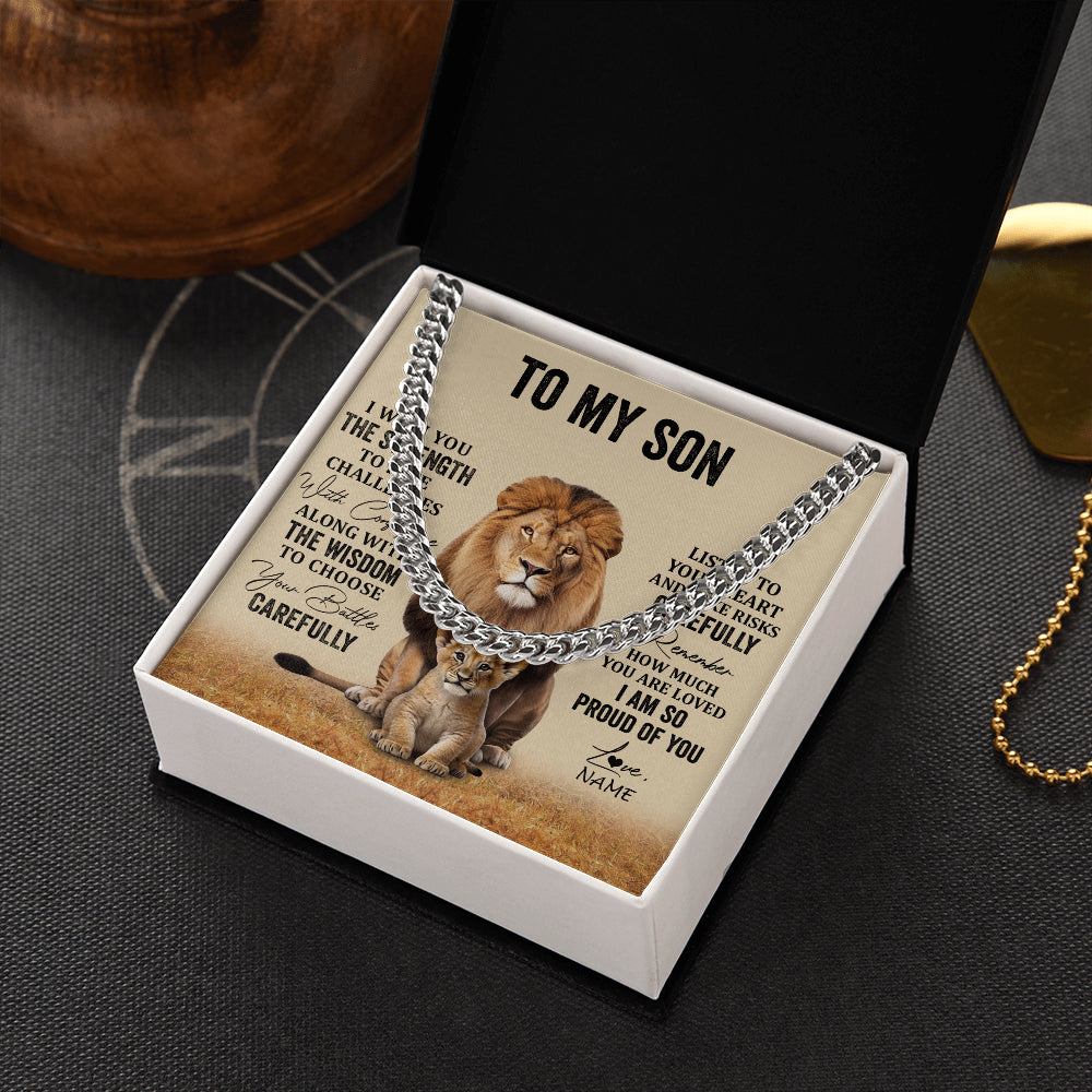 Cuban Link Chain Necklace Stainless Steel | 2 | Personalized To My Son Necklace From Mom Dad Mother Father I Wish You The Strength Lion Son Birthday Graduation Christmas Customized Gift Box Message Card | teecentury
