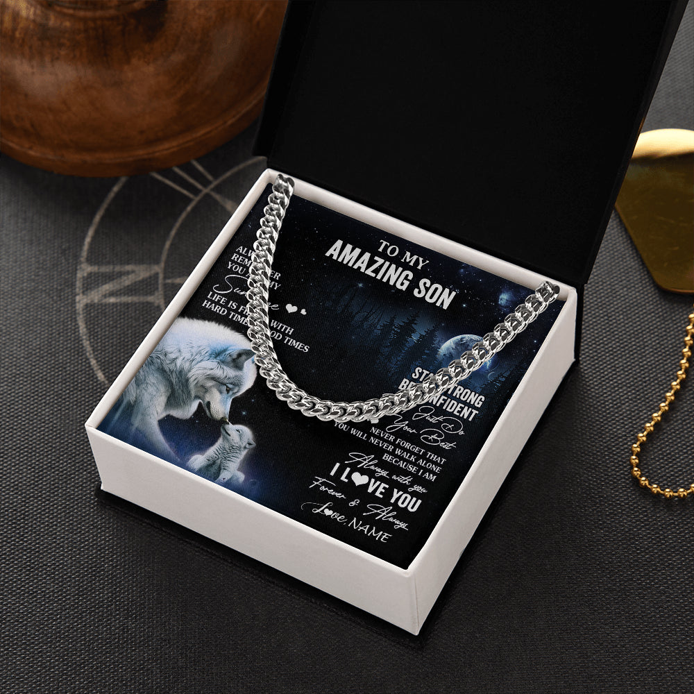 Cuban Link Chain Necklace Stainless Steel | 2 | Personalized To My Son Necklace From Mom Dad Mother Father Moon Wolf Son Birthday Gifts Graduation Christmas Customized Gift Box Message Card | teecentury