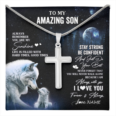 Stainless Cross Necklace Stainless Steel | 1 | Personalized To My Son Necklace From Mom Dad Mother Father Moon Wolf Son Birthday Gifts Graduation Christmas Customized Gift Box Message Card | teecentury