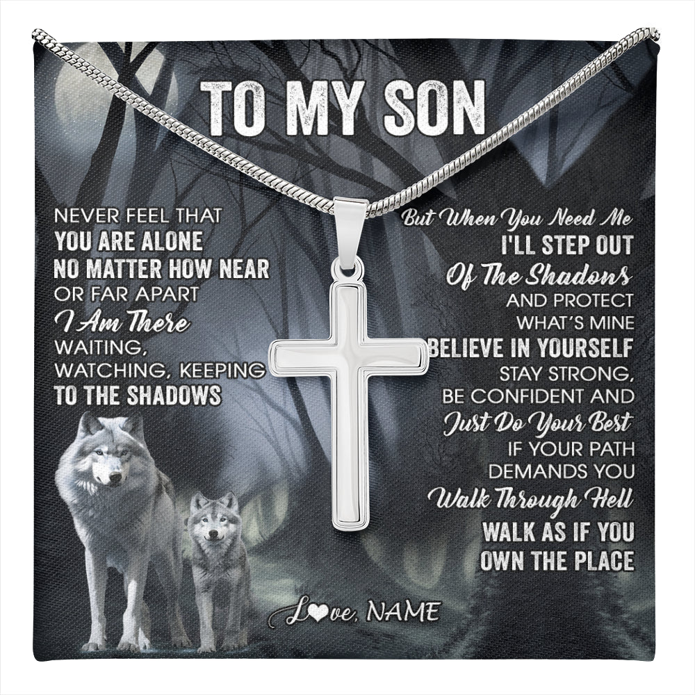 Stainless Cross Necklace Stainless Steel | 1 | Personalized To My Son Necklace From Mom Dad Mother Father Never Feel That You Are Alone Wolf Son Birthday Gifts Christmas Customized Gift Box Message Card | teecentury