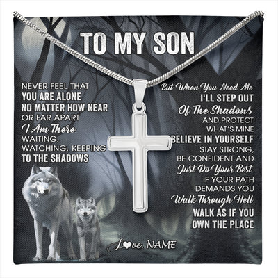 Stainless Cross Necklace Stainless Steel | 1 | Personalized To My Son Necklace From Mom Dad Mother Father Never Feel That You Are Alone Wolf Son Birthday Gifts Christmas Customized Gift Box Message Card | teecentury