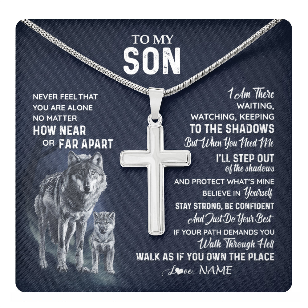Stainless Cross Necklace Stainless Steel | 1 | Personalized To My Son Necklace From Mom Dad Mother Father Never Feel You Are Alone Wolf Son Birthday Graduation Christmas Customized Gift Box Message Card | teecentury