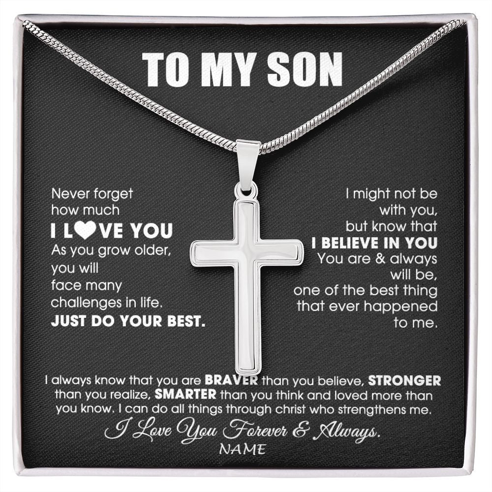 Stainless Cross Necklace | Personalized To My Son Necklace From Mom Dad Mother Father Smarter Than You Think Son Birthday Christmas Customized Gift Box Message Card | teecentury