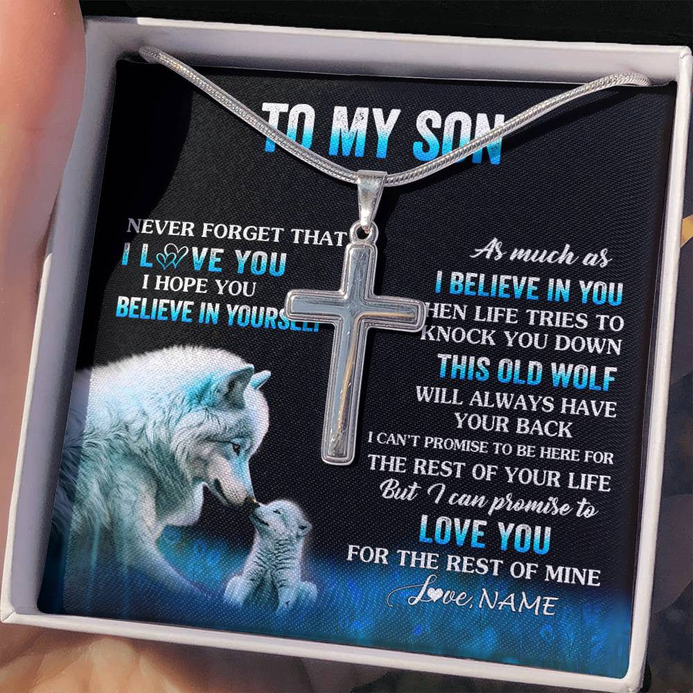 Stainless Cross Necklace Stainless Steel | 2 | Personalized To My Son Necklace From Mom Dad Mother Father This Old Wolf Love Son Birthday Gifts Graduation Christmas Customized Gift Box Message Card | teecentury