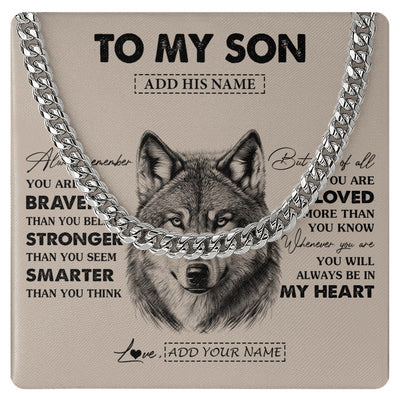Cuban Link Chain Necklace Stainless Steel | 1 | Personalized To My Son Necklace From Mom Dad Mother Father Wolf Braver Stronger Smarter Son Birthday Graduation Christmas Customized Gift Box Message Card | teecentury.myshopify