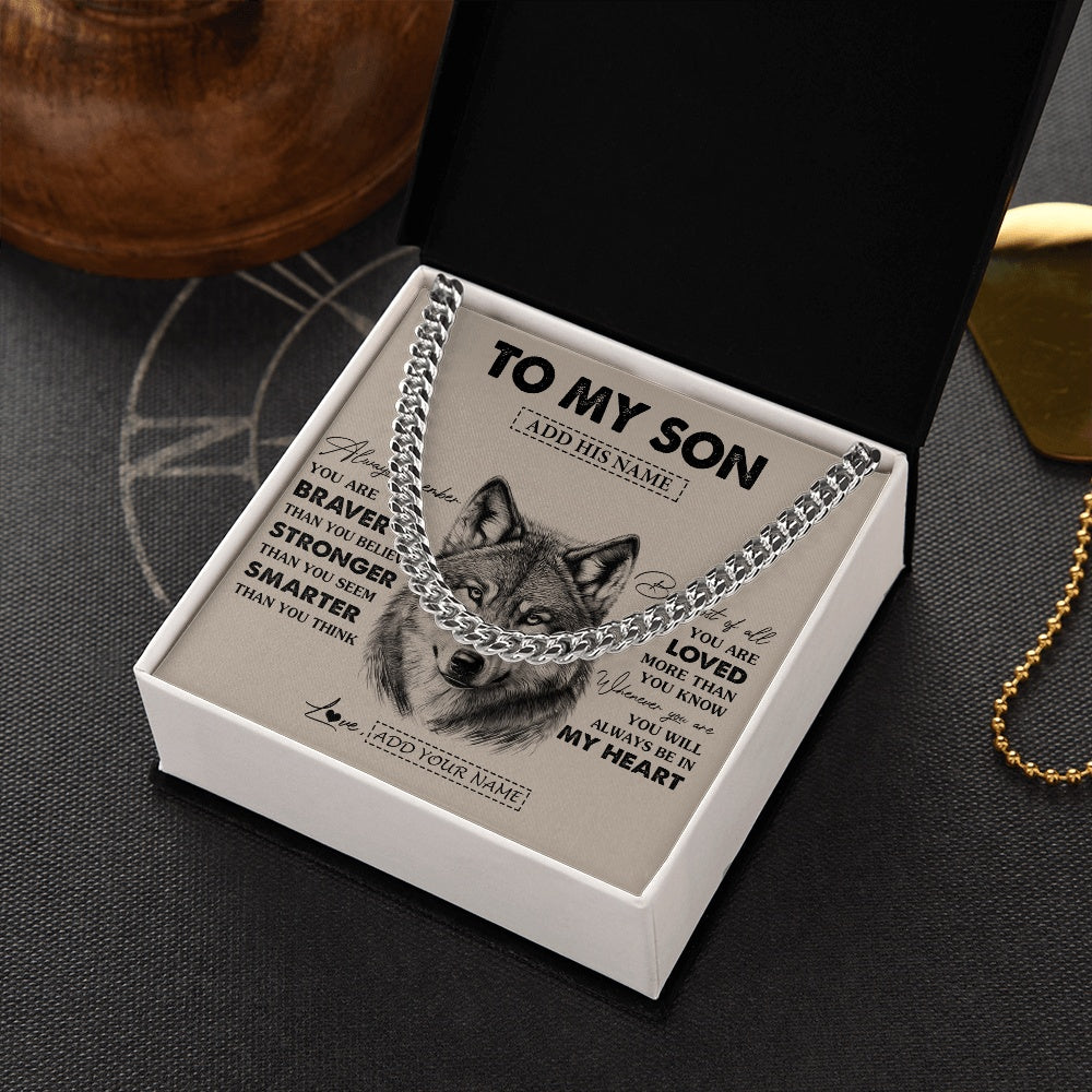 Cuban Link Chain Necklace Stainless Steel | 2 | Personalized To My Son Necklace From Mom Dad Mother Father Wolf Braver Stronger Smarter Son Birthday Graduation Christmas Customized Gift Box Message Card | teecentury.myshopify
