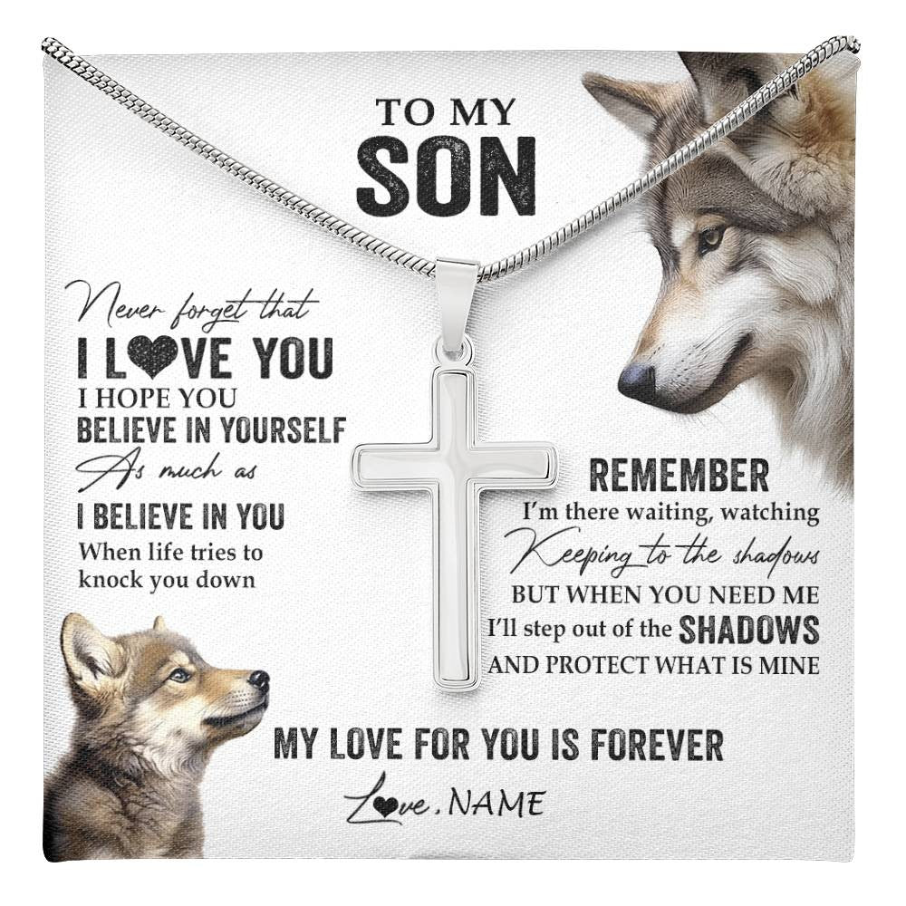 Stainless Cross Necklace Stainless Steel | 1 | Personalized To My Son Necklace From Mom Dad Mother Father Wolf My Love For You Is Forever Son Birthday Graduation Christmas Customized Gift Box Message Card | teecentury
