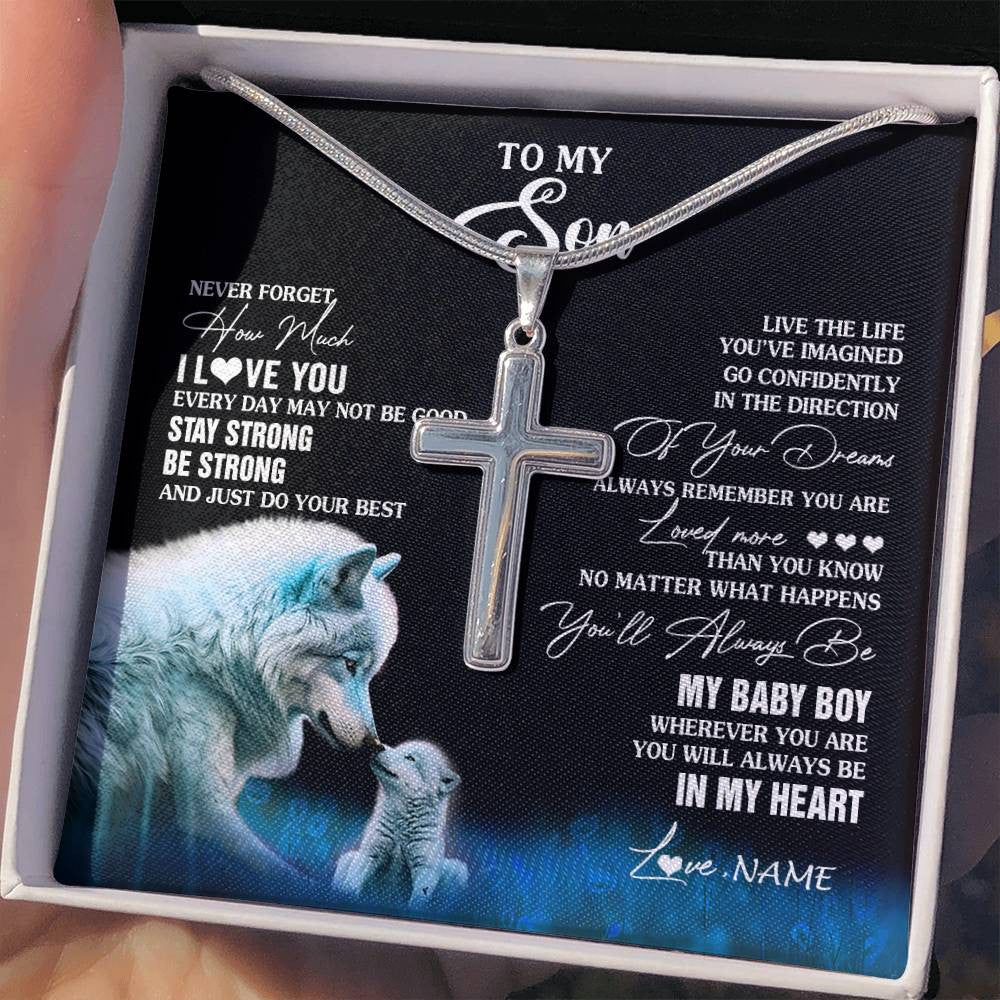Stainless Cross Necklace Stainless Steel | 2 | Personalized To My Son Necklace From Mom Dad Mother Father Wolf Never Forget How Much I Love You Son Birthday Gifts Christmas Customized Gift Box Message Card | teecentury