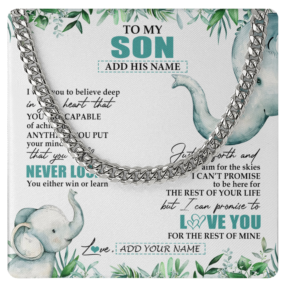 Cuban Link Chain Necklace Stainless Steel | 1 | Personalized To My Son Necklace From Mom Dad Mother Father You Will Never Lose Elephant Son Birthday Gifts Graduation Christmas Custom Gift Box Message Card | teecentury