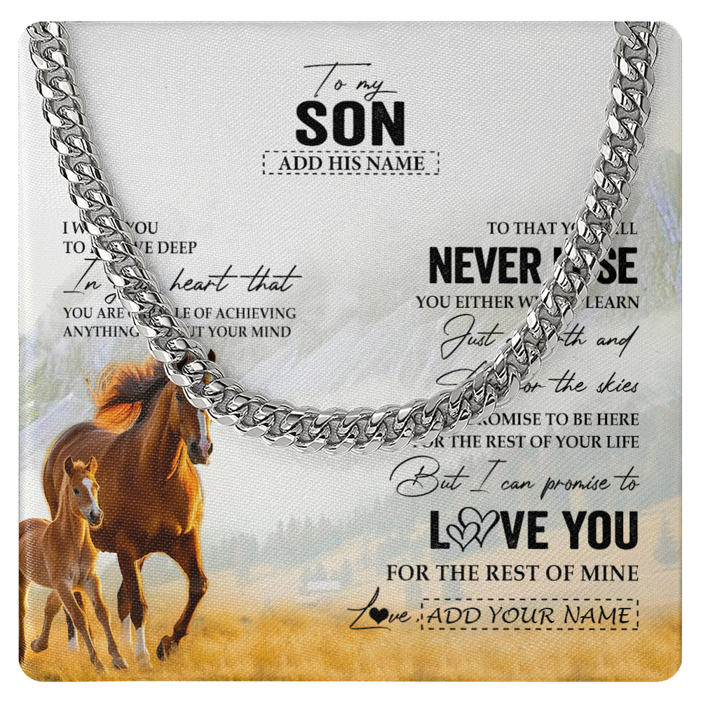Cuban Link Chain Necklace Stainless Steel | 1 | Personalized To My Son Necklace From Mom Dad Mother Father You Will Never Lose Horse Son Birthday Gifts Graduation Christmas Customized Gift Box Message Card | teecentury