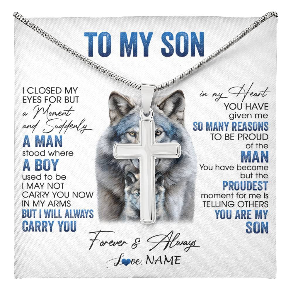 Stainless Cross Necklace Stainless Steel | 1 | Personalized To My Son Necklace From Mom Dad Mother I Close My Eyes For But A Moment Wolf Son Birthday Gifts Christmas Customized Gift Box Message Card | teecentury