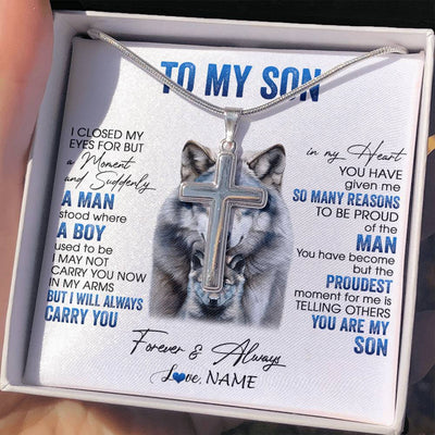 Stainless Cross Necklace Stainless Steel | 2 | Personalized To My Son Necklace From Mom Dad Mother I Close My Eyes For But A Moment Wolf Son Birthday Gifts Christmas Customized Gift Box Message Card | teecentury