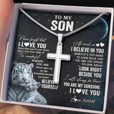 Stainless Cross Necklace Stainless Steel | 2 | Personalized To My Son Necklace From Mom Dad Mother Never Forget I Love You White Tiger Son Birthday Graduation Christmas Customized Gift Box Message Card | teecentury