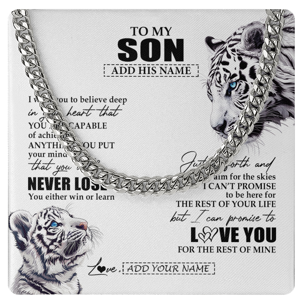 Cuban Link Chain Necklace Stainless Steel | 1 | Personalized To My Son Necklace From Mom Dad Mother You Will Never Lose White Tiger Son Birthday Gifts Graduation Christmas Customized Gift Box Message Card | teecentury