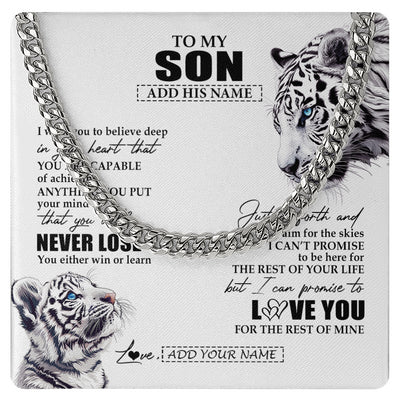 Cuban Link Chain Necklace Stainless Steel | 1 | Personalized To My Son Necklace From Mom Dad Mother You Will Never Lose White Tiger Son Birthday Gifts Graduation Christmas Customized Gift Box Message Card | teecentury