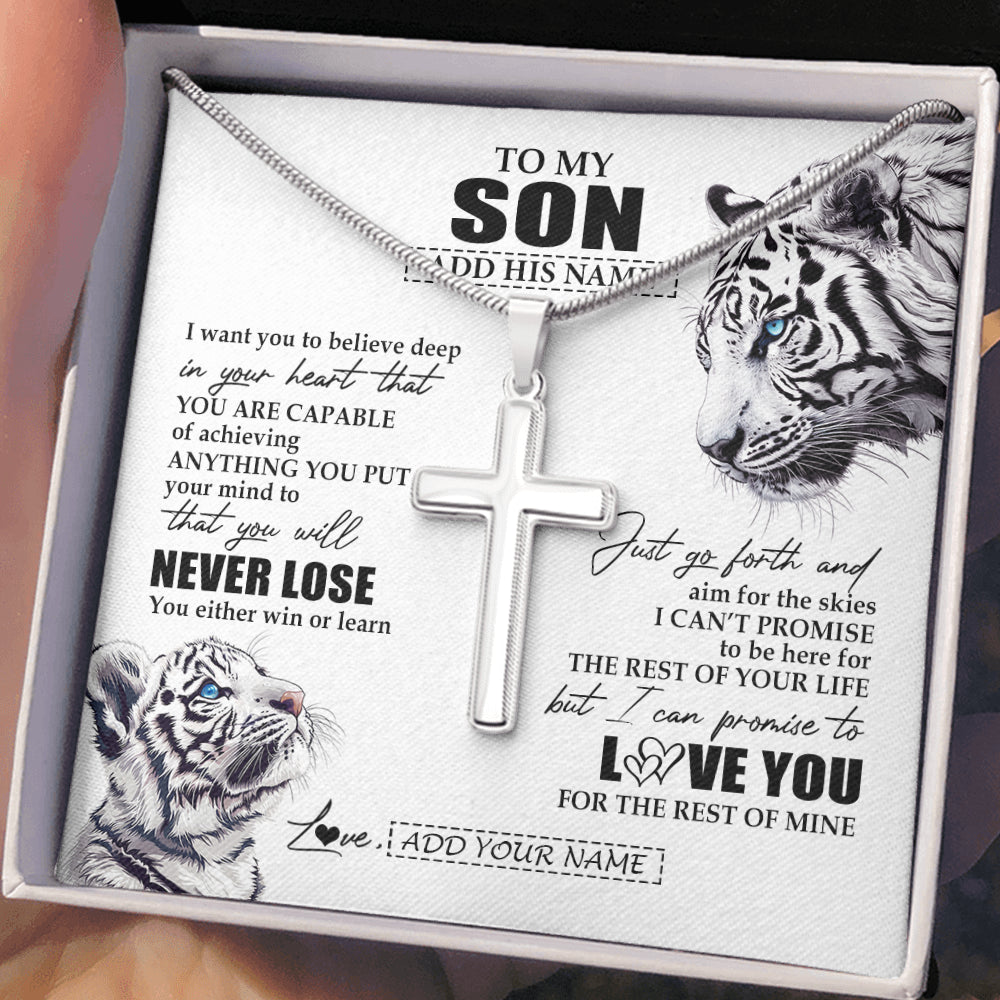 Stainless Cross Necklace Stainless Steel | 2 | Personalized To My Son Necklace From Mom Dad Mother You Will Never Lose White Tiger Son Birthday Gifts Graduation Christmas Customized Gift Box Message Card | teecentury
