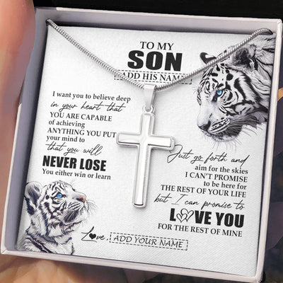 Stainless Cross Necklace Stainless Steel | 2 | Personalized To My Son Necklace From Mom Dad Mother You Will Never Lose White Tiger Son Birthday Gifts Graduation Christmas Customized Gift Box Message Card | teecentury