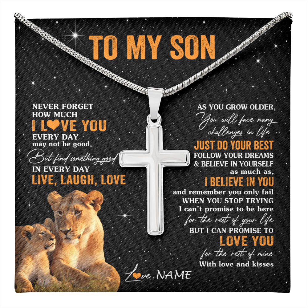Stainless Cross Necklace Stainless Steel | 1 | Personalized To My Son Necklace From Mom Mother Live Laugh Love Lion Son Birthday Gifts Positive Graduation Christmas Customized Gift Box Message Card | teecentury