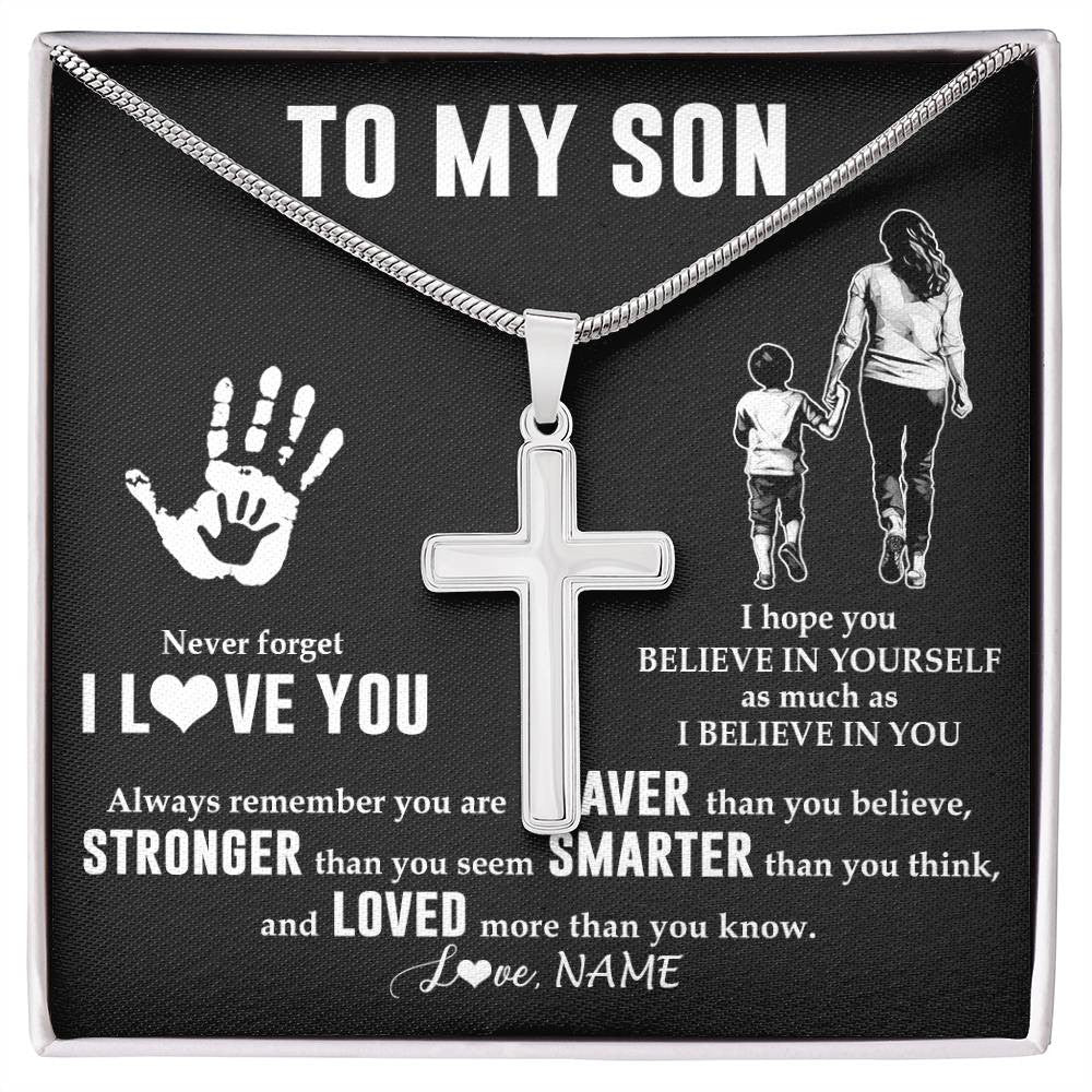 Stainless Cross Necklace Stainless Steel | 1 | Personalized To My Son Necklace From Mom Mother Never Forget I Love You Son Birthday Gifts Christmas New Year Graduation Customized Gift Box Message Card | teecentury