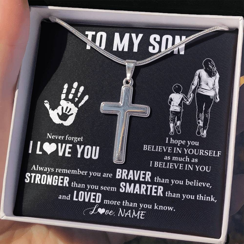 Stainless Cross Necklace Stainless Steel | 2 | Personalized To My Son Necklace From Mom Mother Never Forget I Love You Son Birthday Gifts Christmas New Year Graduation Customized Gift Box Message Card | teecentury