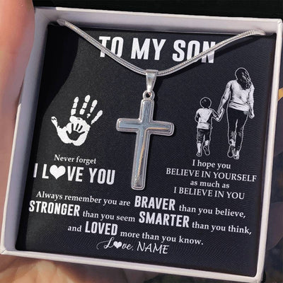 Stainless Cross Necklace Stainless Steel | 2 | Personalized To My Son Necklace From Mom Mother Never Forget I Love You Son Birthday Gifts Christmas New Year Graduation Customized Gift Box Message Card | teecentury