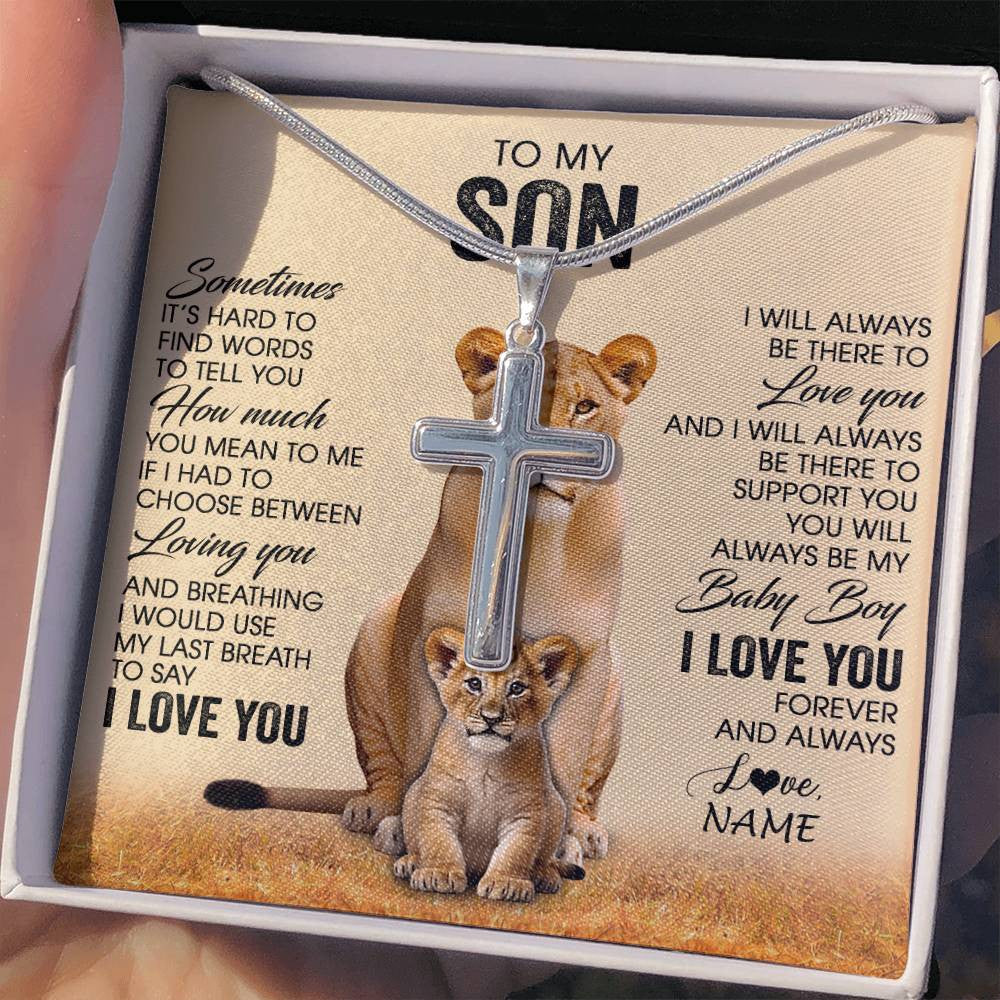 Stainless Cross Necklace Stainless Steel | 2 | Personalized To My Son Necklace From Mom Mother Sometimes It's Hard Lion Son Gift Birthday Jewelry Graduation Christmas Customized Gift Box Message Card | teecentury