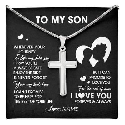 Stainless Cross Necklace Stainless Steel | 1 | Personalized To My Son Necklace From Mom Mother Wherever Your Journey Son Birthday Gifts Jewelry Graduation Christmas Customized Gift Box Message Card | teecentury
