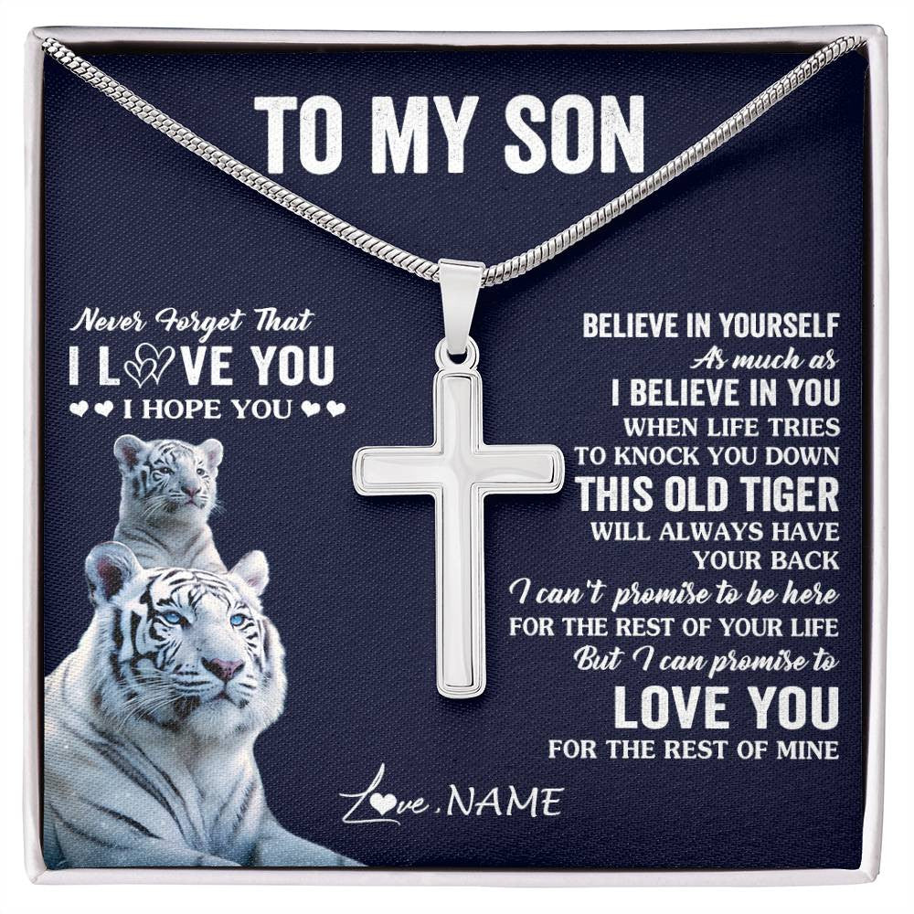 Stainless Cross Necklace Stainless Steel | 1 | Personalized To My Son Necklace Gift From Mom Dad Mother This Old Tiger Love You Son Birthday Graduation Christmas Custom Customized Gift Box Message Card | teecentury