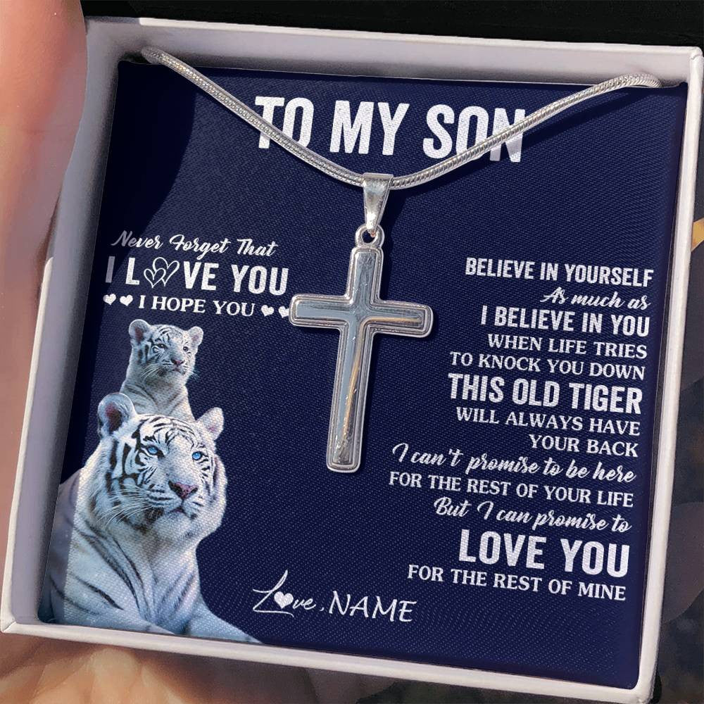 Stainless Cross Necklace Stainless Steel | 2 | Personalized To My Son Necklace Gift From Mom Dad Mother This Old Tiger Love You Son Birthday Graduation Christmas Custom Customized Gift Box Message Card | teecentury