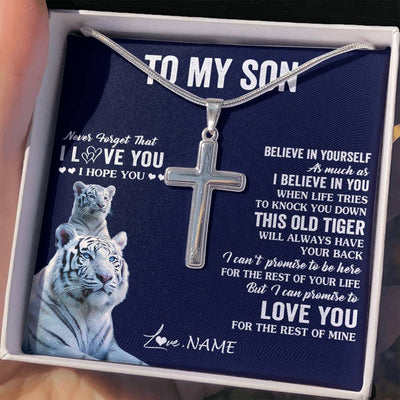 Stainless Cross Necklace Stainless Steel | 2 | Personalized To My Son Necklace Gift From Mom Dad Mother This Old Tiger Love You Son Birthday Graduation Christmas Custom Customized Gift Box Message Card | teecentury