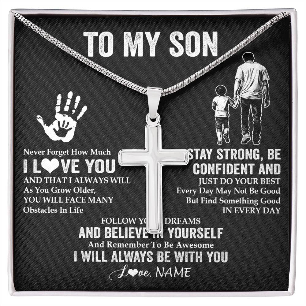 Stainless Cross Necklace Stainless Steel | 1 | Personalized To My Son Necklace I Love You Forever From Dad Father Son Birthday Gifts Christmas Thanksgiving Graduation Customized Gift Box Message Card | teecentury